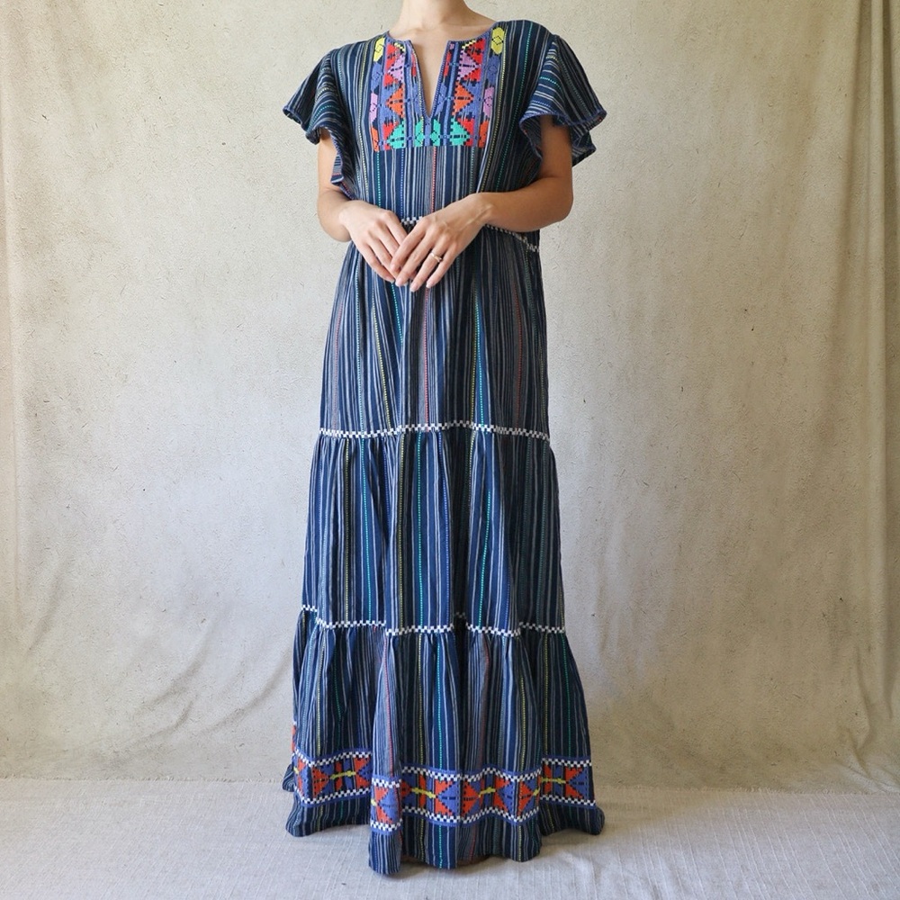 Anthropologie LAIA Aida Embroidered Navy Blue Ethnic Tiered Maxi Dress (NWT)